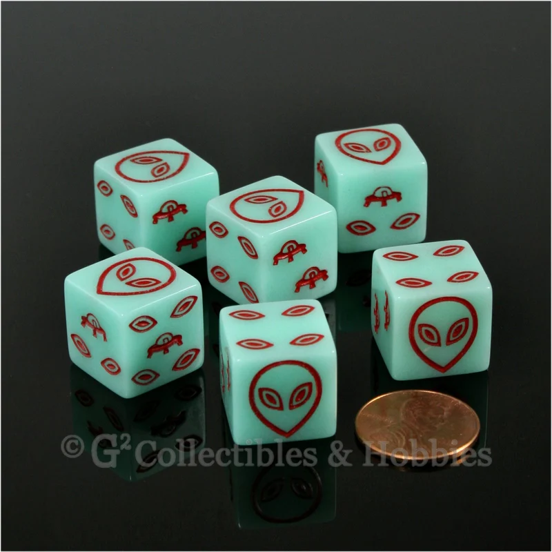 Alien UFO Glow in the Dark 6pc Dice Set - Red