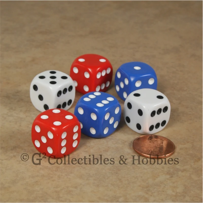 D6 16mm Rounded Edge 6pc Dice Set - Red White Blue