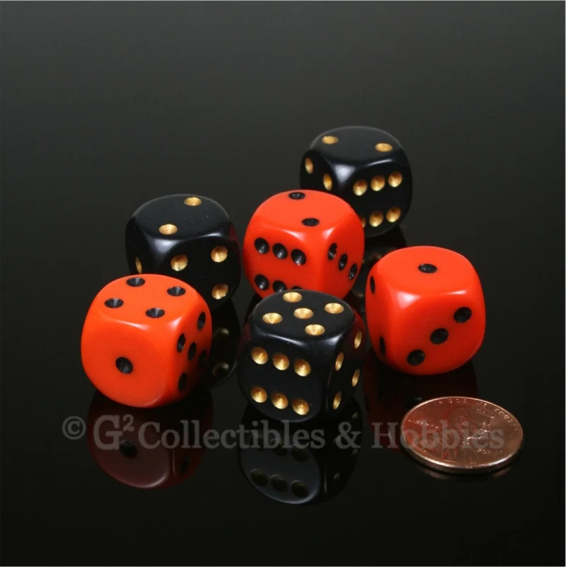 D6 16mm Rounded Edge 6pc Dice Set - Orange & Black