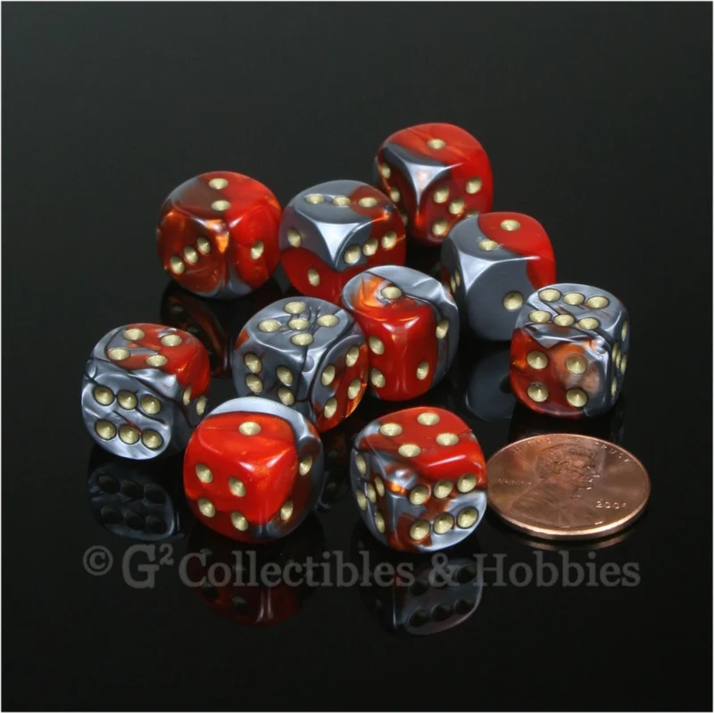 D6 12mm Gemini Orange/Steel Gray with Gold Pips 10pc Dice Set