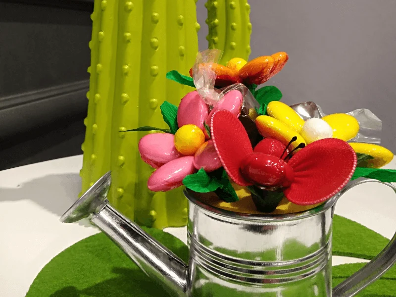 Arrosoir de fleurs de dragées et chocolat
