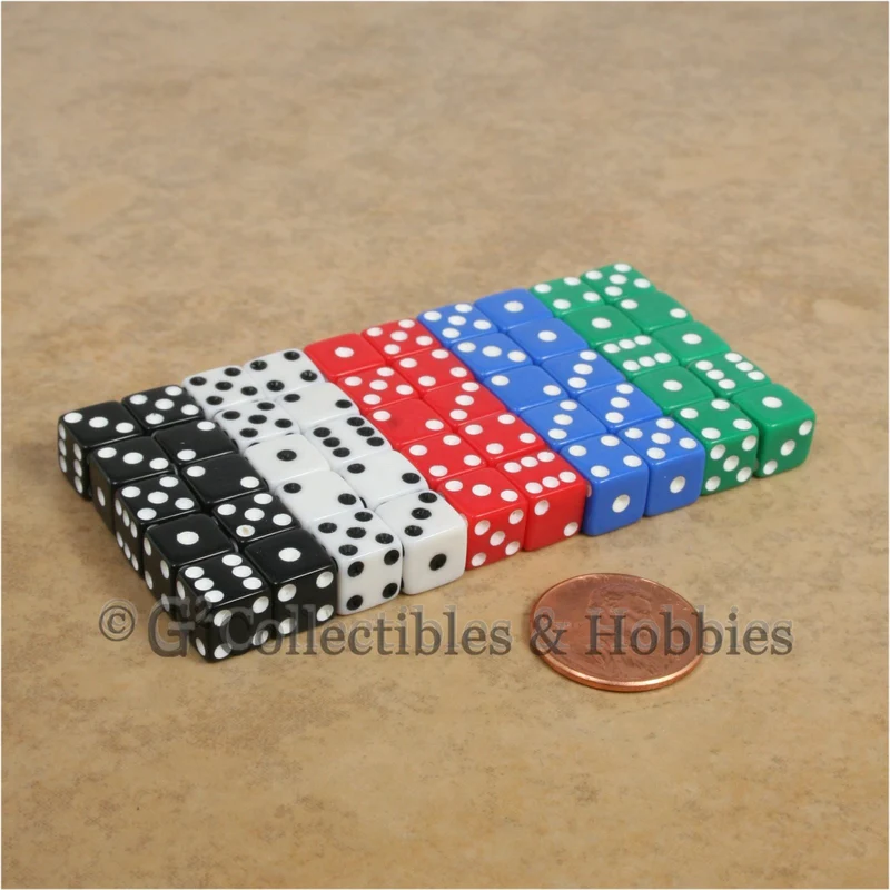 D6 8mm Opaque Multicolored with White/Black Pips 50pc Dice & Bag Set