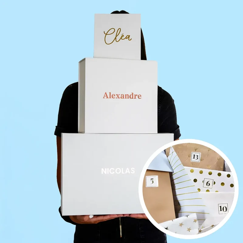 Box personnalisée prénom avec 1 cadeau par jour