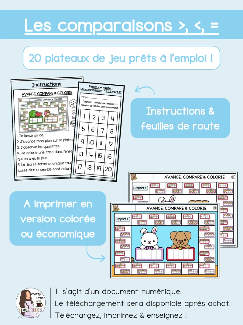 Comparaison (>, < ou =) de nombres jusqu'à 10