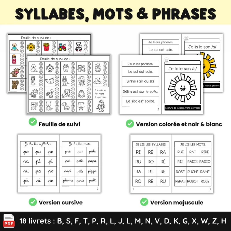 Apprendre à lire les syllabes, mots et phrases (18 livrets de sons simples)