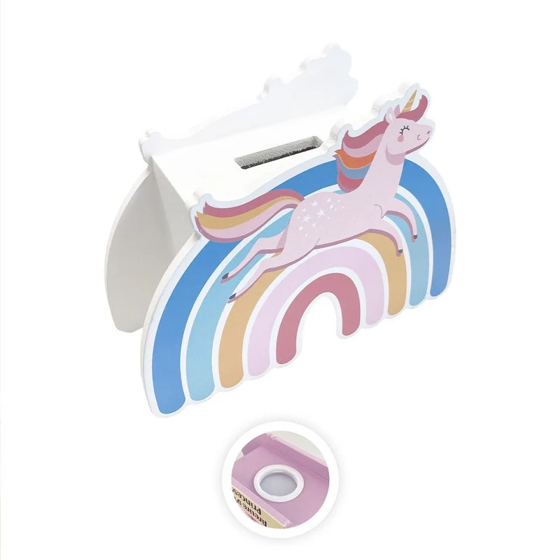 Tirelire bois licorne arc-en-ciel