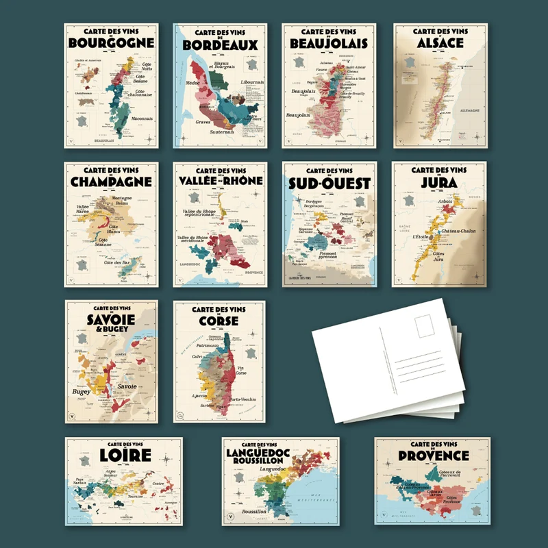 Pack 13 Cartes Postales Les Vins de France - 10 x 15 cm - Ecru