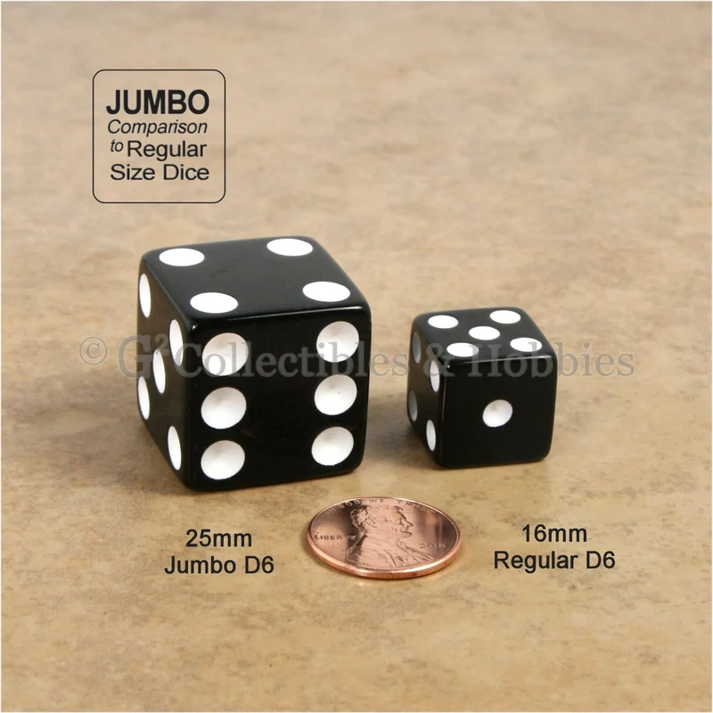 D6 25mm Opaque Black with White Pips 10pc Dice & Bag Set