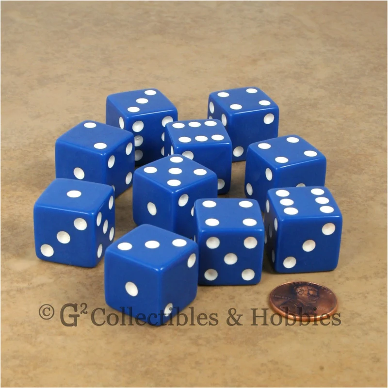D6 19mm Opaque Blue with White Pips 10pc Dice Set
