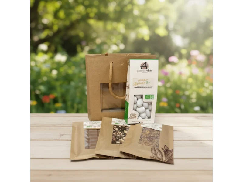 Spécilaités BIO, 575g : 3 tablettes et une boite d'amandes au praliné