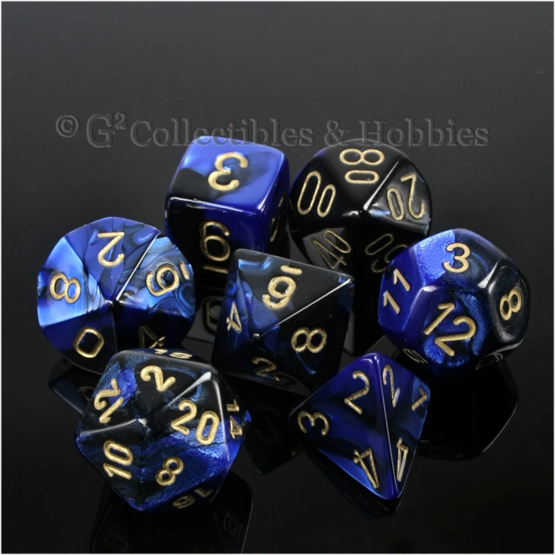 RPG Dice Set Gemini Black / Blue with Gold Numbers 7pc