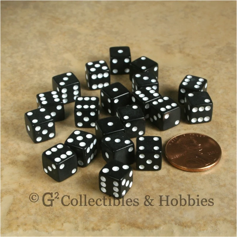 D6 8mm Opaque Black with White Pips 20pc Dice Set