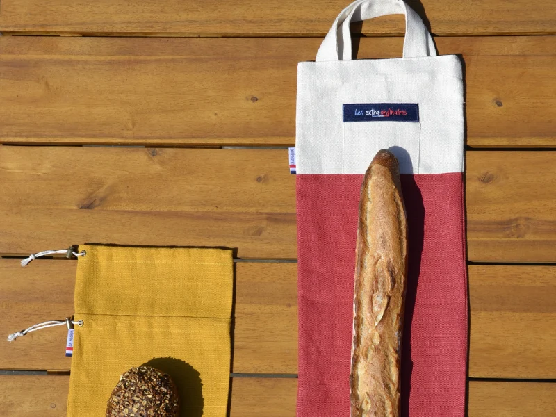 1 sac à baguettes et 1 pochon à pain, en tissu 100% lin