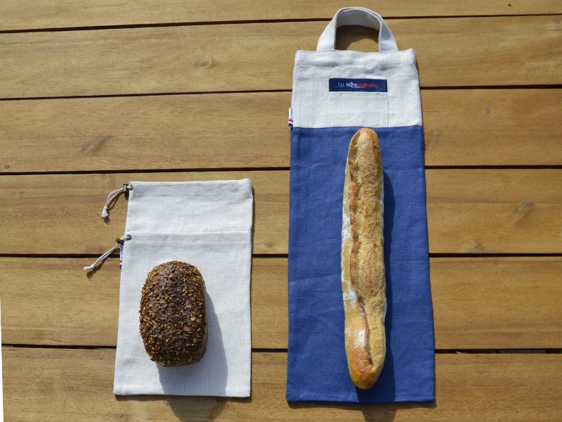 1 sac à baguettes et 1 pochon à pain, en tissu 100% lin