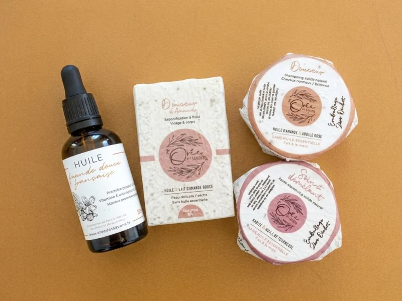 Soins Amande douce : huile, savon, shampoing et après-shampoing solide