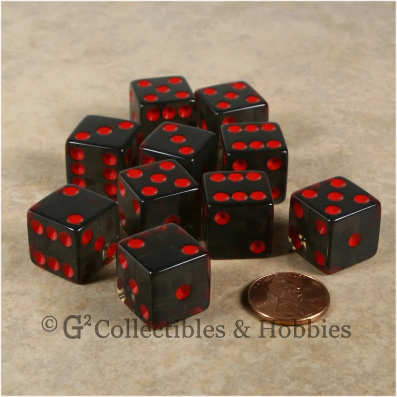 D6 16mm Transparent Smoke Gray with Red Pips 10pc Dice Set