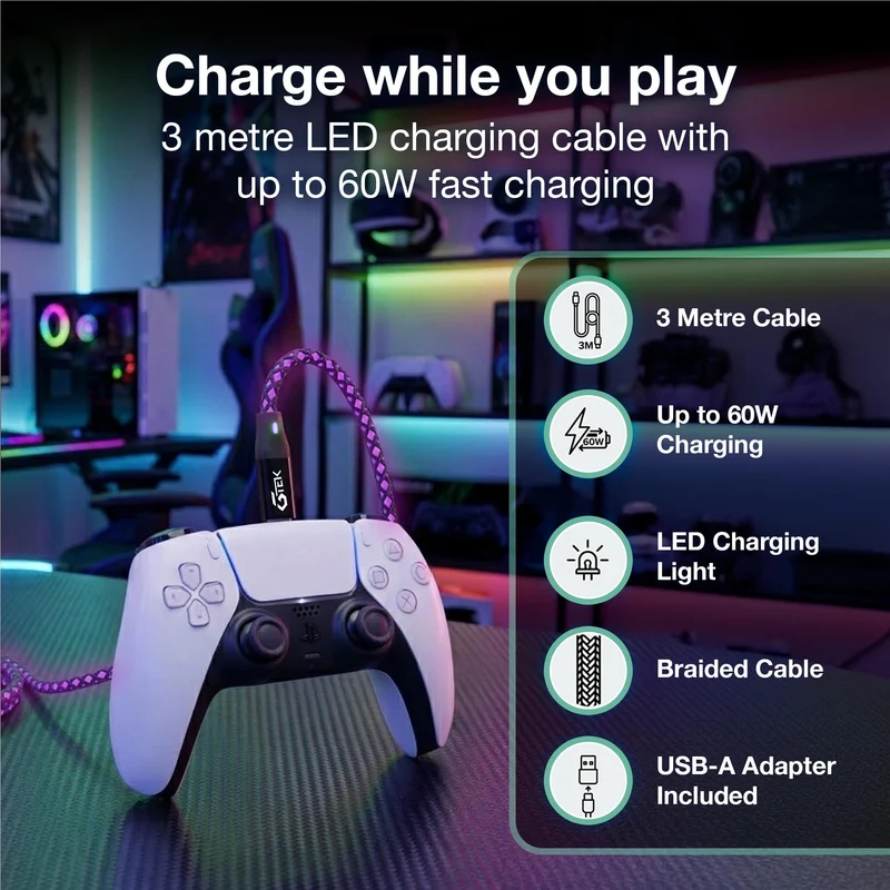 Gtek USB-C LED Light Up Charging Cable with USB-A Adapter - 3 Meter