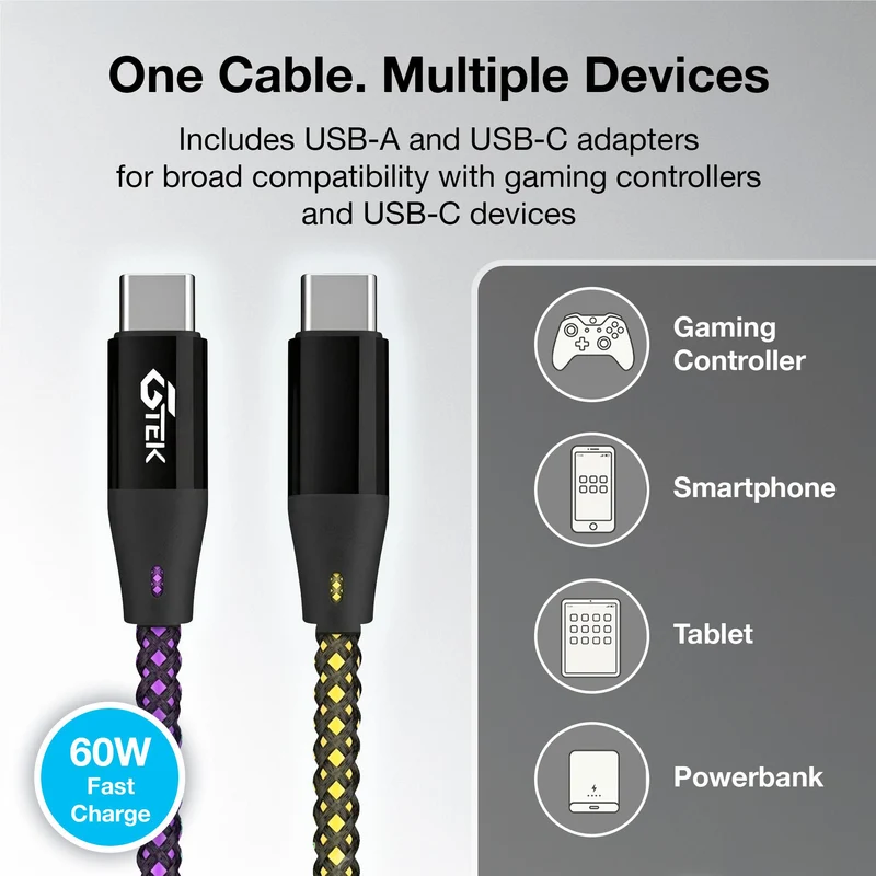 Gtek USB-C LED Light Up Charging Cable with USB-A Adapter - 3 Meter