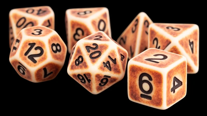 Jeu de 7 dés MDG, brun ancien