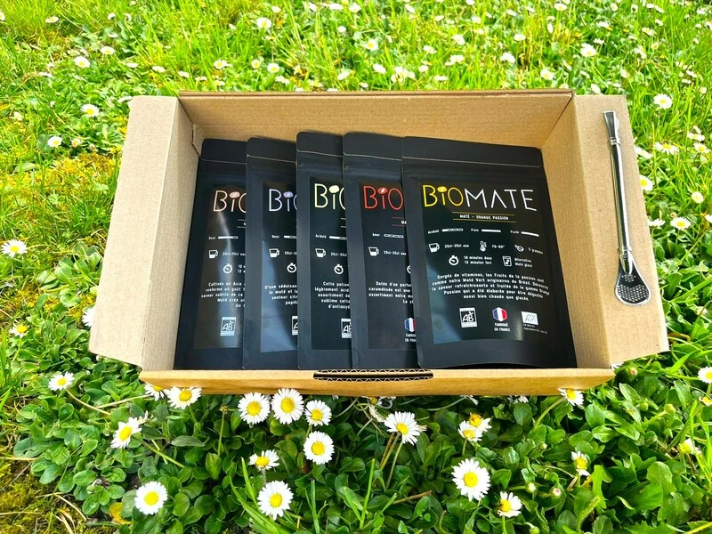 COFFRET MULTI SAVEURS MATÉ BIO + PAILLE FILTRANTE OFFERTE (5 SACHETS DE 50G, GOÛTS PERSONNALISABLES)